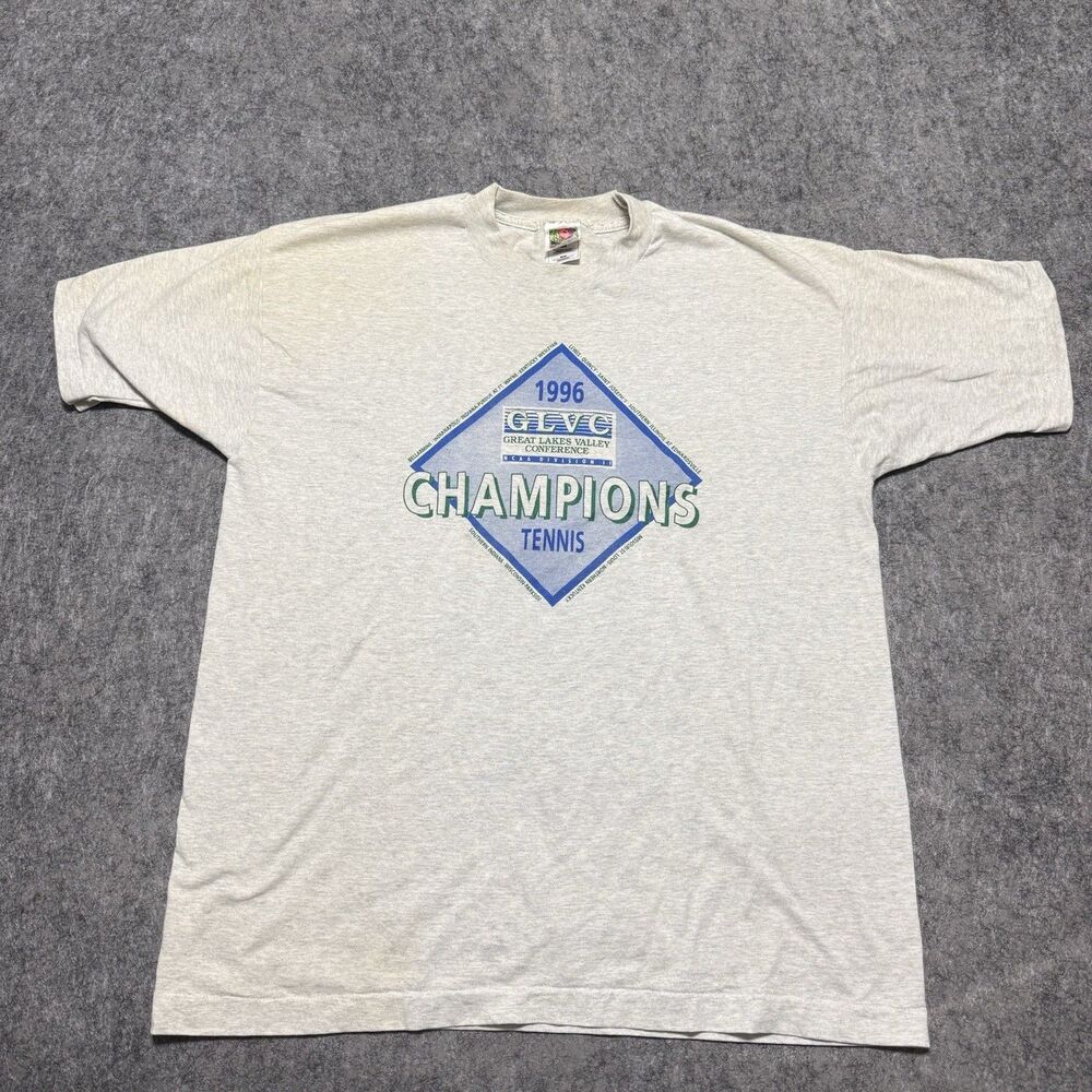 Vintage 1996 GLVC Tennis Champions T Shirt XL Fruit of the Loom Best Gray 90s